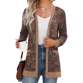GRECERELLE Cardigan for Women Open Front Button Down Printed Lightweight Ladies Sweater V Neck Long Sleeve Outerwear Tops with Pockets FP Cashew Navy-S
