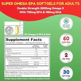 SHIFAA NUTRITION- Cpsulas Blandas de Aceite de Pescado Halal 60 Ct, Doble Fuerza Halal Omega 3 Suplementos de Aceite de Pescado. Salvaje Atrapado,    