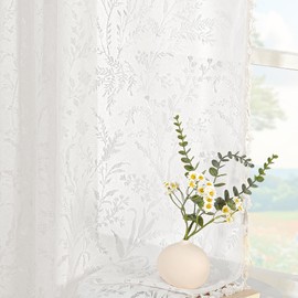 JOOJA Boho Lace Curtains 96 Inch Length 2 Panels White Sheer Floral Leaf with Tassels, Semi Blackout Privacy Curtains for Bedroom & Living Room White 52"x96"