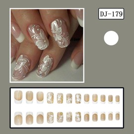 White Press on Nails Short Square False Nails with Flowers Designs 3D Rhinestone Fake Nails French Stick on Nails Cute Full Cover Reusable Artificial Nails for Women Girls Manicure 24Pcs