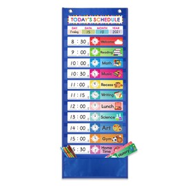 Amzoya Daily Schedule Pocket Chart. Kids Chart with 15 Dry-Eraser Cards. 13+1 Pockets. for Classroom & Home (Blue)