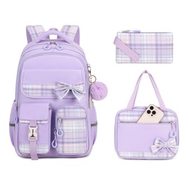 MOONBABY Girls Backpack, Kawaii Kids Backpack for Girls School Bags for Middle School Students, Book Bag for Elementary Primary High School with Lunch Bag Pencil Case Set 3PCS, Purple