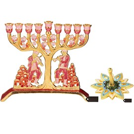 Matashi Hand-Painted Spinning Dreidel & Dancing Men w/Jerusalem Cityscape Design Menorah Candelabra Hanukkah Holiday Ornaments (Pewter) with Gold Accents and Crystals Hanukkah Gift Jewish Decor