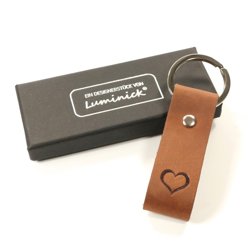 Luminick Keyring with engraving, leather with embossed heart, elegant gift