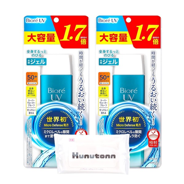 [Large Capacity] Biore UV Aquarich Water Gel Sunscreen SPF 50+ / PA++++ 5.1 fl oz (155 ml) (1.7 times of regular product), Set of 2 + H wet sheet with Kunutonn original logo