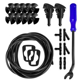 QKYS 22 PCS Car Windshield Washer Nozzle Hose Kit, 4M Washer Fluid Hose, 6 PCS Hose Connectors，2 Fan Nozzles & Gaskets, 10Pcs Hood Retainers, Suitable for Truck SUV Windshield Fluid Tubing (Black)