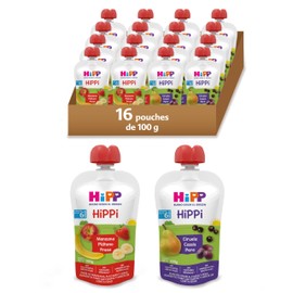 HiPP Pouch Papilla Mix 2 Sabores  Pack 16 Piezas -100g cu. 8 de Manzana, Pltano, Fresa y 8 de Ciruela, Cassis, Pera. Sin Azcares, Sin Saborizantes,...