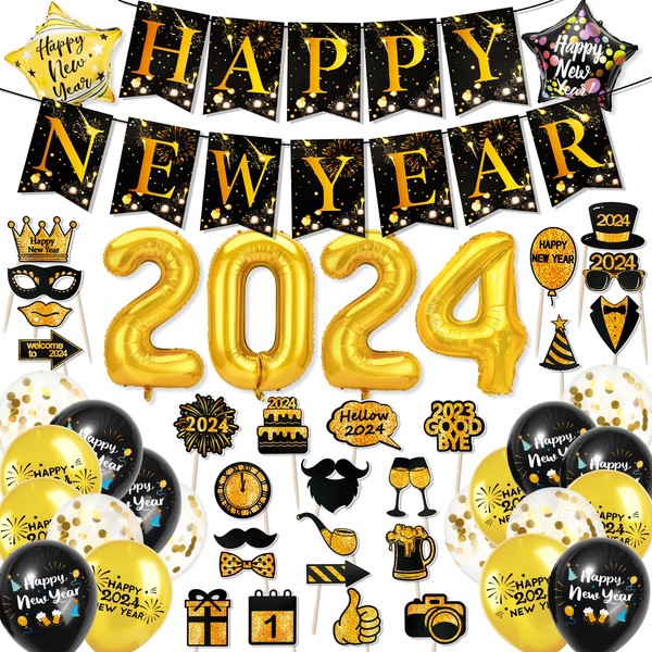 HOWAF Happy New Year Party Supplies 2024,2024 New Year Gold Foil Balloons,1pcs Gold Glitter Happy New Year Banner,18pcs New Year Latex Balloons,25pcs New Year Eve Photo Booth Props