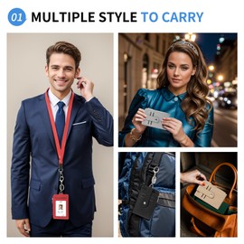 SUIKIHUM 2 in 1 Small Credit Card Wallet & ID Badge Holder, PU Leather Card Holder Neck Lanyard for Offices - 5 Card Slots, 2 ID Window, 1 Zipper Pocket, Blue