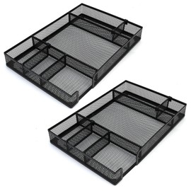 EsOfficce 2 Pcs Desk Drawer Organizer Tray with Adjustable Compartments, 6 Grid Metal Mesh Drawer, Multi-use Desk Organizer Storage Box Set for Office,Home,School Supplies, 12.6X9X1.9 inch