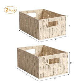 JCUKHA Round Paper Rope Storage Baskets, Rectangular Wicker Storage Baskets for Organizing with Built-in Handles, Large Paper Rope Storage Organizer Baskets for Shelves, Closet, Pantry, 2 Pack, White