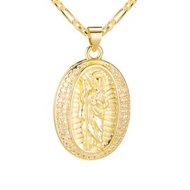 Kyhvoux San Judas Tadeo Necklace for Women, 14K Gold Plated Copper Cubic Zirconia St. Jude Charm Pendant, Mother's Day Saint Jude Religious Christian Catholic Gifts with Jewelry Box Figaro Chain, Gold