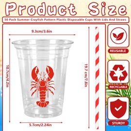 50Pcs 12 Oz Crawfish Plastic Cups with Lids & Straws Summer Crayfish Disposable Cup Red Lobster Clear Drinking Cups for Seafood Boil Theme Birthday Baby Shower Party Supplies