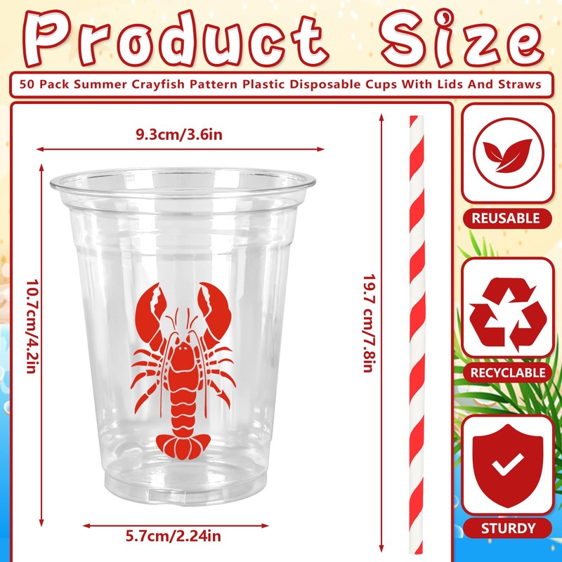 50Pcs 12 Oz Crawfish Plastic Cups with Lids & Straws