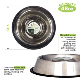 Iconic Pet Slow Feed Stainless Steel Pet Bowl for Dog or Cat, Large/48-Oz