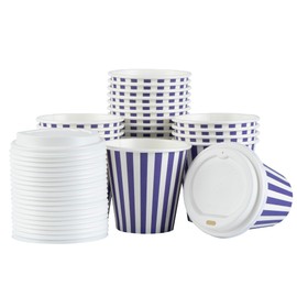 Restaurantware 8 Ounce Disposable Coffee Cups With Lids, 400 Hot Cups With Lids - Sleeves Sold Separately, Single Wall, Purple And White Stripe Paper Coffee Cups, For All Kinds Of Beverages