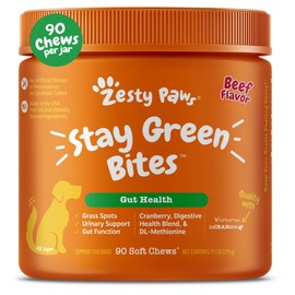 Zesty Paws Stay Green Bites for Dogs - Grass Burn Soft Chews for Lawn Spots Caused by Dog Urine - with Cranberry for Urinary Tract & Bladder - Beef - 90 Count