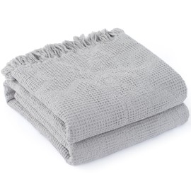 GINAMUSE 100% Cotton Waffle Weave Queen Size Blanket Lightweight Summer Breathable Thin Blanket for Couch Sofa 90 x90 Inches Grey