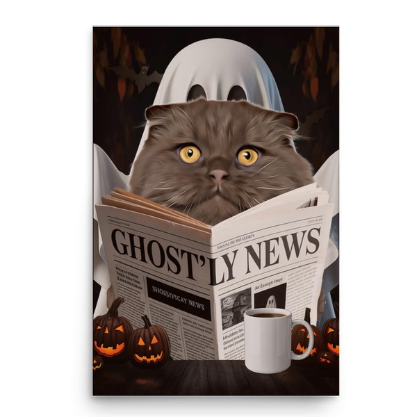 Spooky Halloween Pet and Ghost Reading Wall Art - Brown