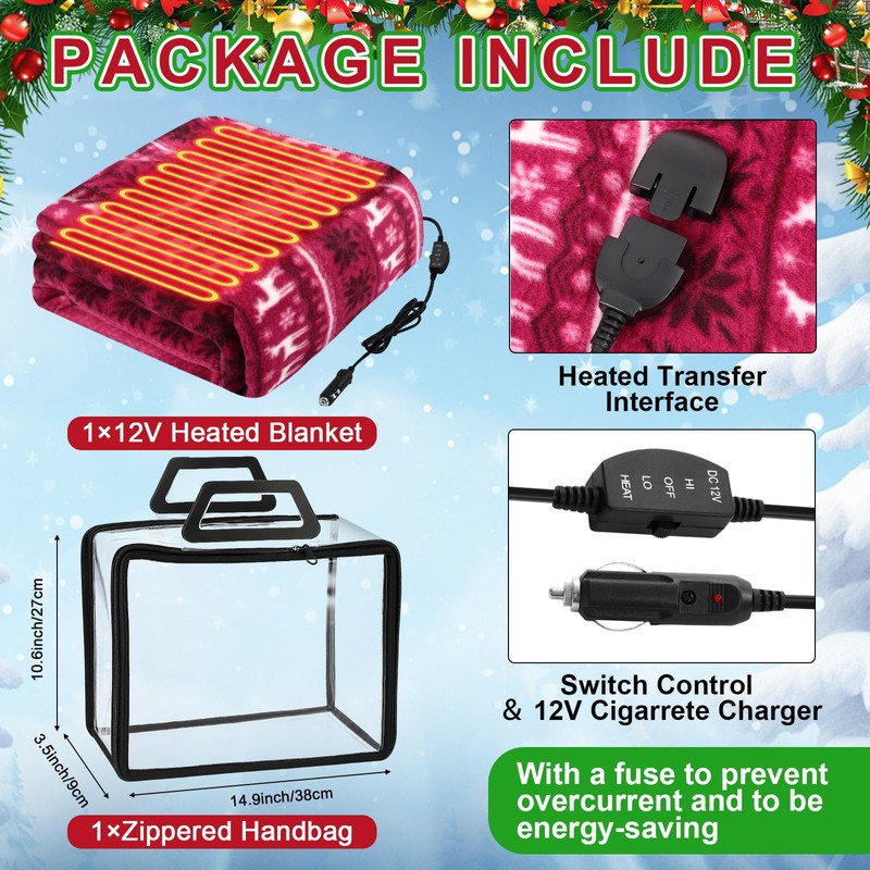 58x43 Inches 12v Heated Car Blanket Plug In, Red White,