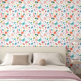 CHIHUT Butterflies Dragonflies Floral Wallpaper Peel and Stick 17.7''x100'' Bright Flower Wallpaper for Bedroom Self Adhesive Removable Floral Contact Paper for Cabinets Drawers Wall Covering