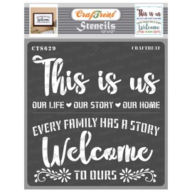 CrafTreat Reusable Quote Stencils for Painting on Wood, Canvas, Fabric, Wall and Tile - This is Us Stencil -12x12 Inch - Welcome Stencils for Wood Signs - Sayings Stencils and Templates for Painting