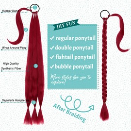 Cephermer Braided Ponytail Extension 26'' 30'' DIY Long Braid Hair Extensions Ponytail with Elastic Tie Straight Wrap Around Natural Soft Synthetic Hairpiece for Women Wine Red