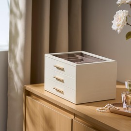 pickpiff Jewelry Box Organizer Case for Women: 3-Layer Jewelry Storage Case with Glass Window, Ivory Leather with Pink Velvet, Holder for Ring Necklace Bracelet Brooch Watch, Great Gift for Her