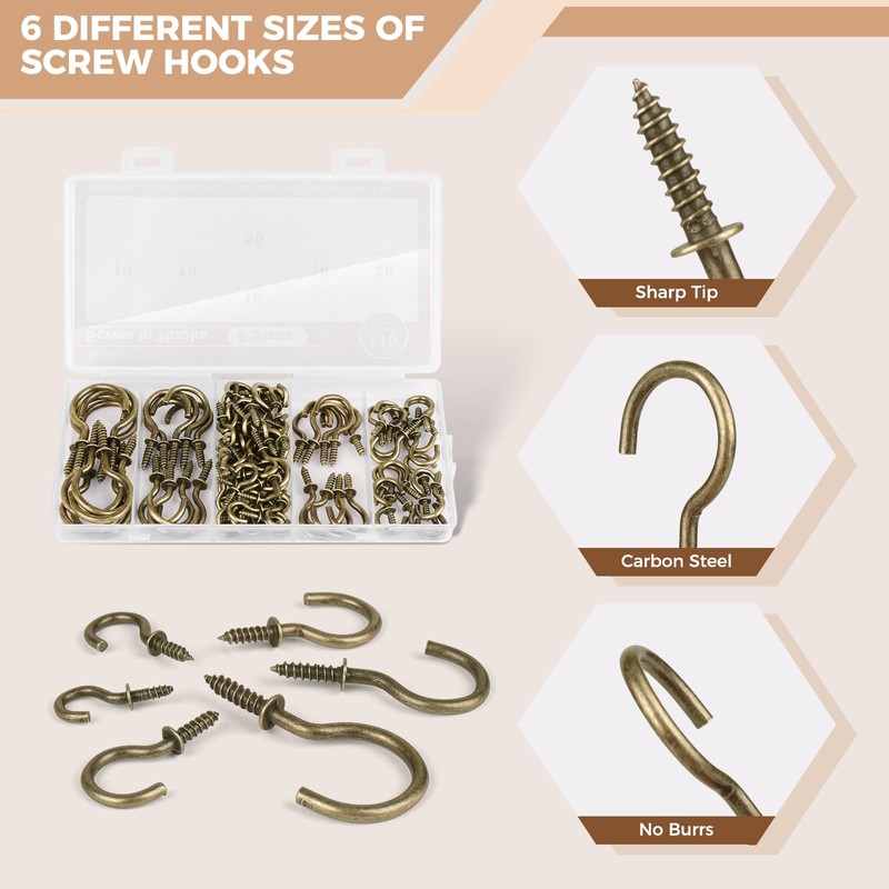 RELBRO Screw Hooks, 6 Sizes Metal Screw in Cup Hooks,