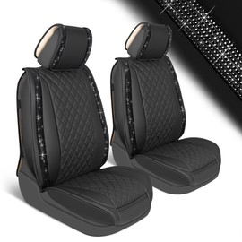 BlingStitch™ Car Seat Covers for Front Seats - Luxurious Black Vegan Leather Seat Covers for Cars with Black Bling Crystals, Premium Automotive Seat Covers for SUV, Trucks, Car Bling Luxury
