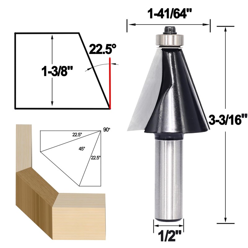 SICWOOD 6PCS Chamfer Router Bit Set 1/2 Shank, Carbide 2-Flute