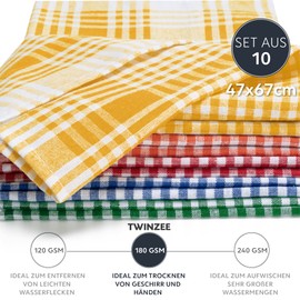 Set of 10 Checked Tea Towels Cotton Twinzee - 100% Cotton Oeko-Tex - 70 x 50 cm - Retro Chic Style Kitchen Towels - Dish Towels - 2 Blue, 2 Red, 2 Green, 2 Yellow Tea Towels