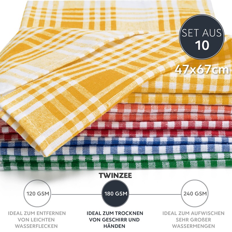 Set of 10 Checked Tea Towels Cotton Twinzee - 100%