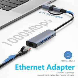 USB-C Ethernet Adapter, USB LAN Adapter 1000 Mbps LAN Network Adapter with 3 x USB 3.0 & USB-C Ports, Compatible with Windows XP, Mac OS, Linux, Vista, etc