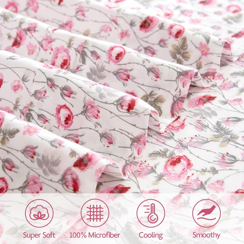 ILVOE California King Size Sheet Set, 4 Piece Pink Floral