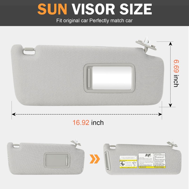 Right Passenger Side Grey Sun Visor with Vanity Light Fit