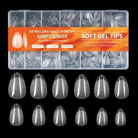 Medium Almond Gel Nail Tips, 600PCS Full Cover False Nails Tips Soft Clear Nail Tips, 12 Sizes Half Matte Pre-shaped Acrylic Nail Tips Press on Nails for Nail Extension Home DIY Nail Salon