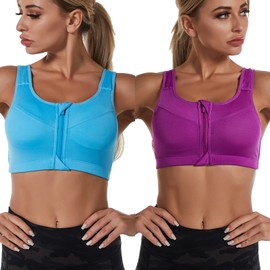 Jamron Women's Plus Size 2-Pack Strong Hold Sports Bra - Zip Front - Wireless & Removable Pads - Racerback Fitness Yoga Top, Blue + Purple