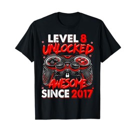 Level 8 Unlocked Awesome Since 2017 8th Birthday Gaming T-Shirt