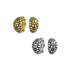 Set of Two Flower Wide Half Hoop Clip On Earrings For Women Shrimp Style Non Pierced Ears Oxidized Silver Gold Plated Brass