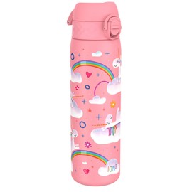 Ion8 Vacuum Insulated Steel Water Bottle, 500 ml/18 oz, Leak Proof, Easy to Open, Secure Lock, Dishwasher Safe, Fits Cup Holders, Carry Handle, Scratch Resistant, Metal Water Bottle, Unicorn Rainbows