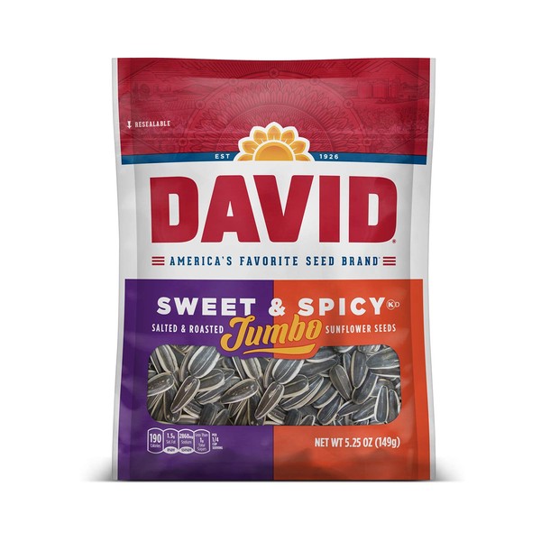 DAVID Roasted and Salted Sweet and Spicy Jumbo Sunflower Seeds, Keto Friendly, 5.25 oz