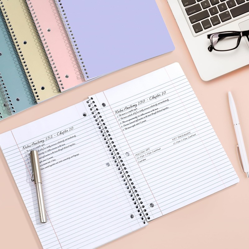 SUNEE Spiral Notebooks, 1-Subject, 5 Pack, College Ruled Paper, 8"