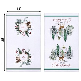 Merry Christmas Tree Deer Kitchen Towels and Dish Towels, 18 x 28 Inch Xmas Winter Berry Wreath Drying Cloth Tea Towels for Cooking Baking Set of 2