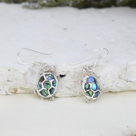 AeraVida Cute Little Turtles with Abalone Shell Inlays .925 Sterling Silver Fish hook Dangle Earrings | Sea Turtle Earrings for Women | Summer Jewelry