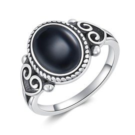 Vintage Black Onyx Ring for Women - 925 Sterling Silver Oval Shaped Black Onyx Filigree Ring Western Jewelry Birthday Gift Size 6-9, Gemstone, Onyx