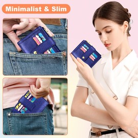 BTNEEU Men Women Leather Credit Card Holder RFID Blocking Slim Leather Wallet, Minimalist Card Holder Small Wallet with Coin Pocket, Thin Front Pocket Wallets with 9 Card Slots (Deep Blue)