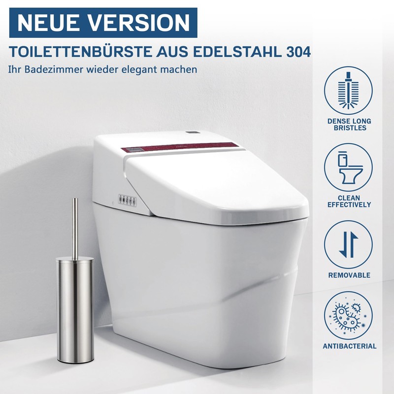 FIISAYL Toilet Brush with Stainless Steel Handle and Base, Matt