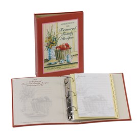 Meadowsweet Kitchens Treasured Family Journal Recipe Binder - Cookbook Organizer, Blank Notebook w/ 50 Lined Recipe Pages, 40 Clear Plastic Sleeves & 10 Dividers, 9 x 6 1/2 x 1 7/8 Inch, Red & Yellow