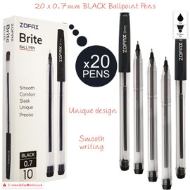 ZOFAX Brite 20 x 0.7mm Fine BLACK Stick Biros Ballpoint Pens Comfort Trio Grip Smooth Writing - Hospital Office Home Business School Ideal